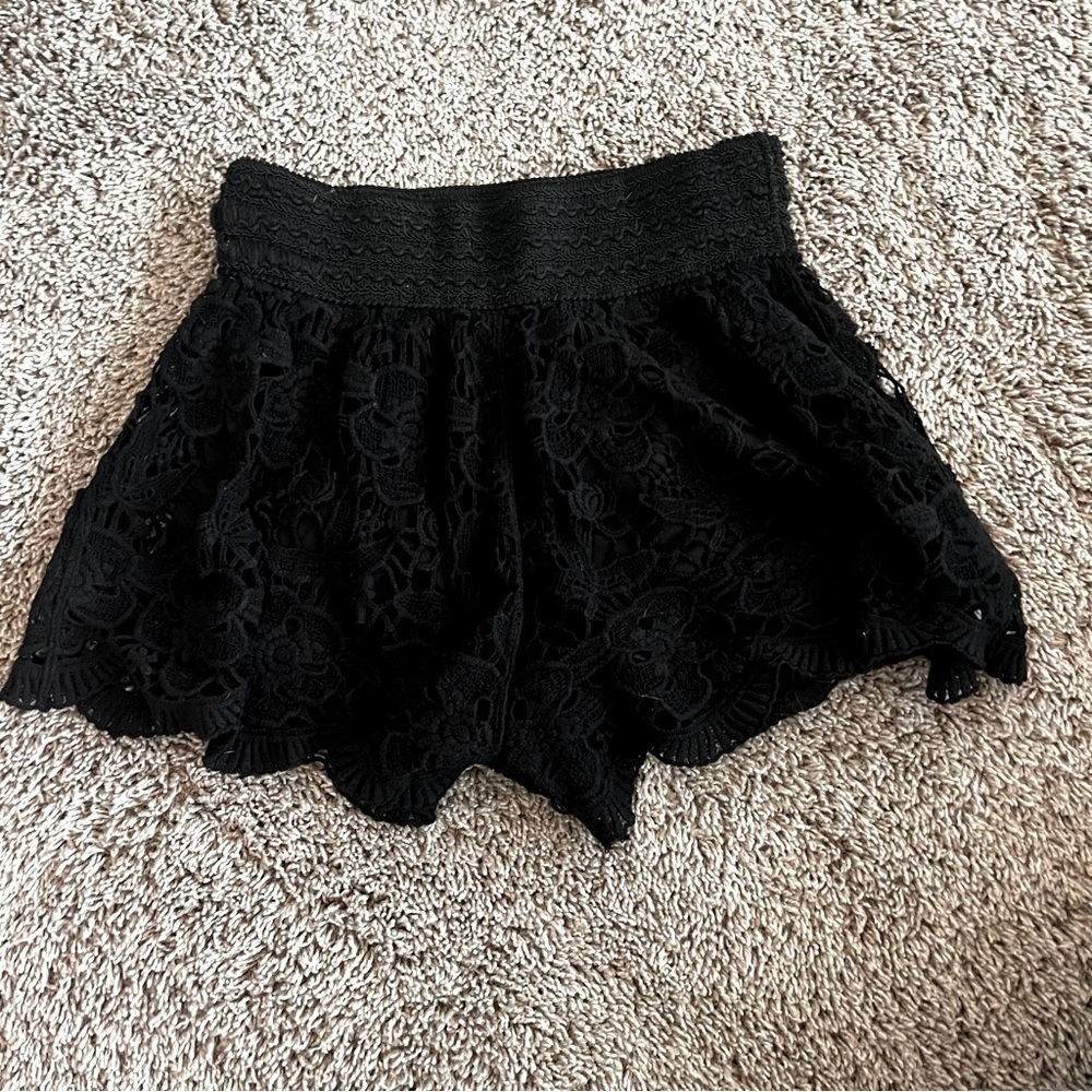 Black high waist floral knit lace shorts with elastic waist
